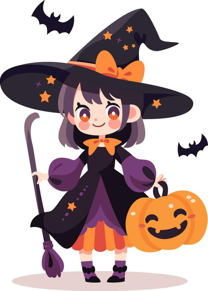 mignonne vecteur illustration dans dessin animé style. une fille dans une sorcière costume en portant une balai et une citrouille. enfants illustration pour Halloween vacances