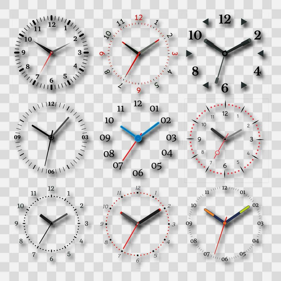 regarder cadran sur une Contexte avec une ombre. ensemble de neuf éléments. vecteur illustration