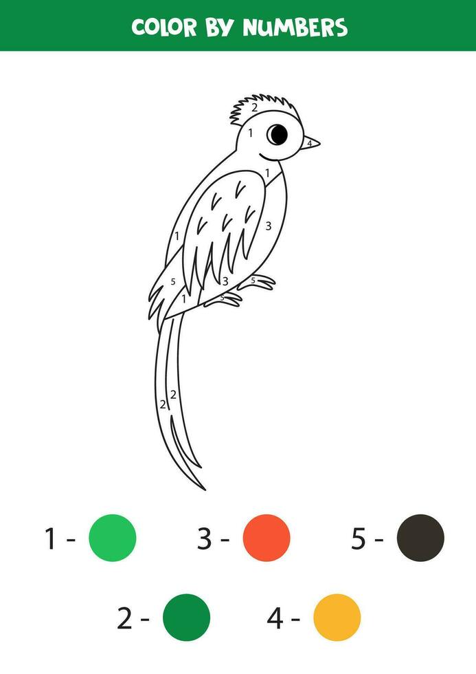 Couleur dessin animé quetzal oiseau par Nombres. feuille de travail pour enfants. vecteur