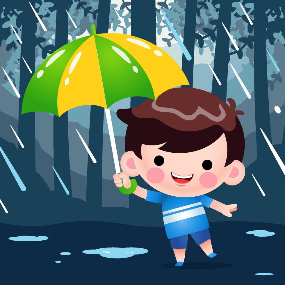 petit garçon se cachant sous un parapluie pendant la pluie vecteur