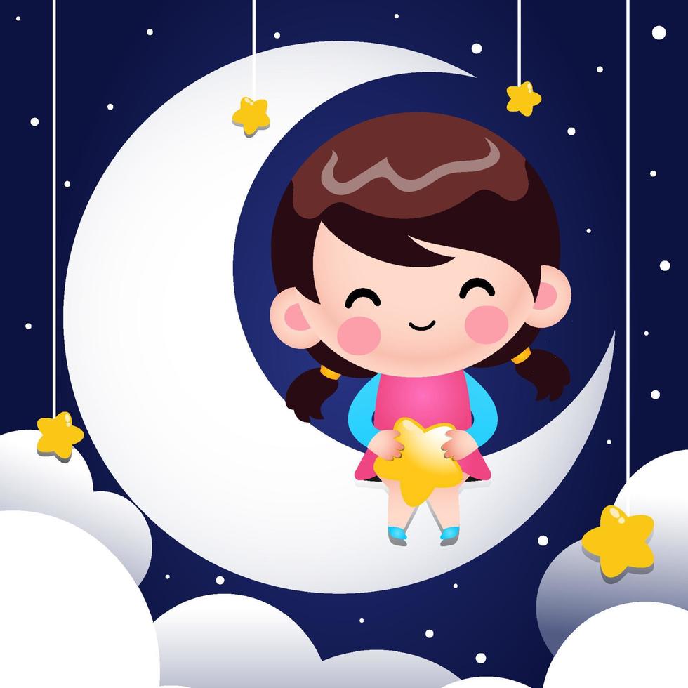 dessin animé mignonne petite fille assise sur la lune vecteur