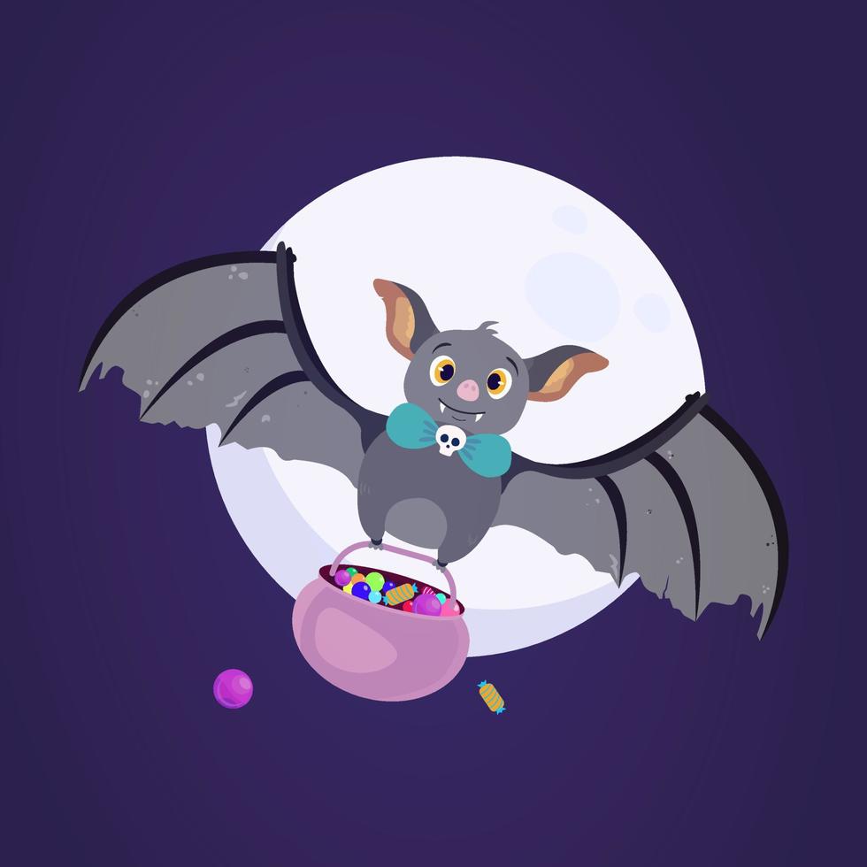 chauves-souris mignonnes portant une cruche remplie de bonbons d'halloween vecteur