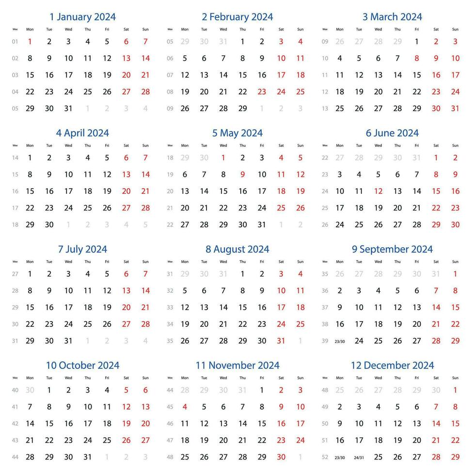 vecteur calendrier 2024 avec le la semaine commence sur lundi.