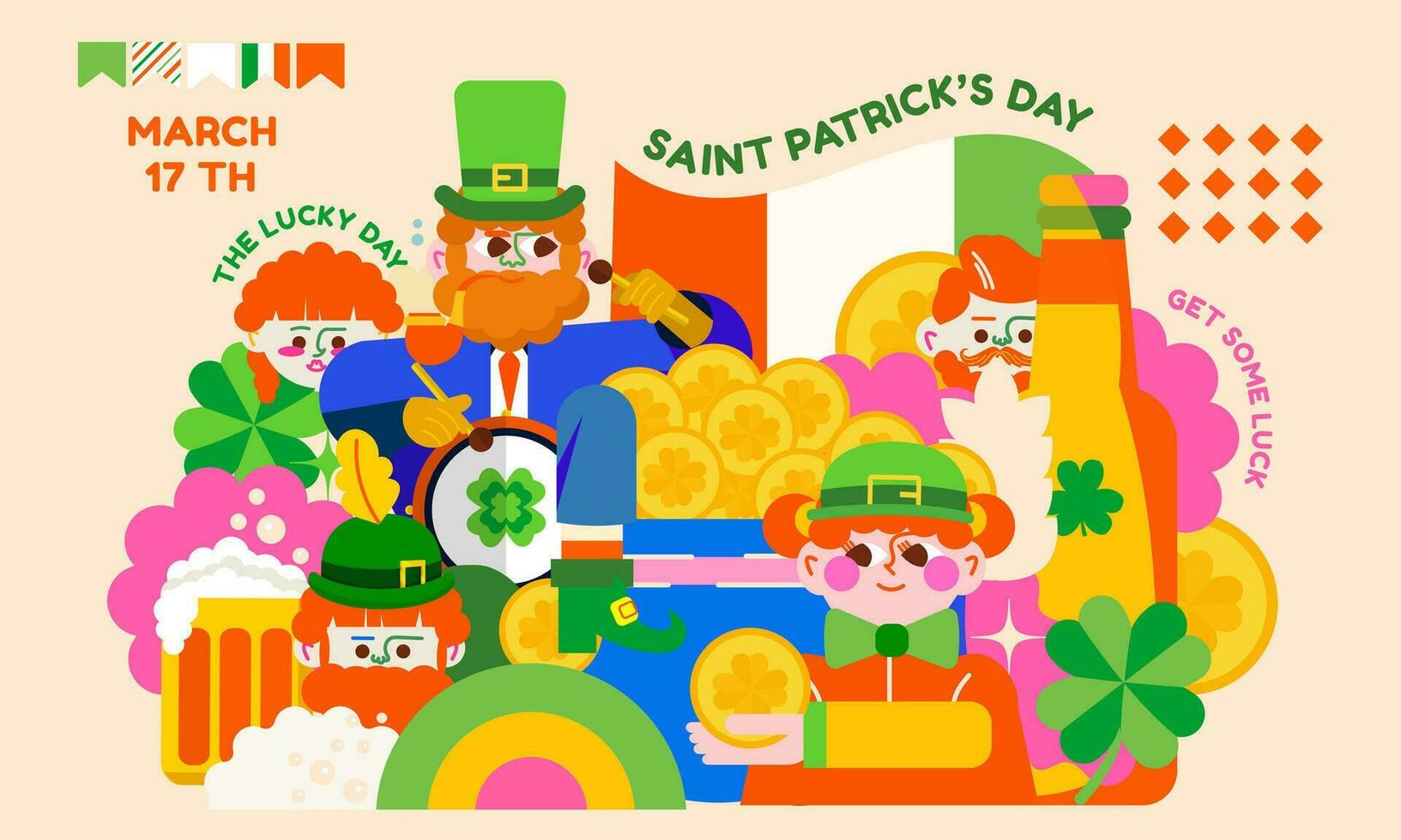 brillant moderne illustration pour st. patrick's journée. une gai gnome, farfadets, trèfles, bière, beaucoup de brillant or dans une pot. avoir dans le vacances esprit avec vert et irlandais couleurs. vecteur