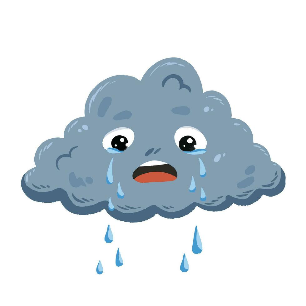 pleurs émotif triste nuage ayant une mal journée provoquant pluie automne. Facile plat dessin animé art stylé dessin isolé sur carré blanc Contexte pour les enfants livres ou T-shirt impressions. vecteur