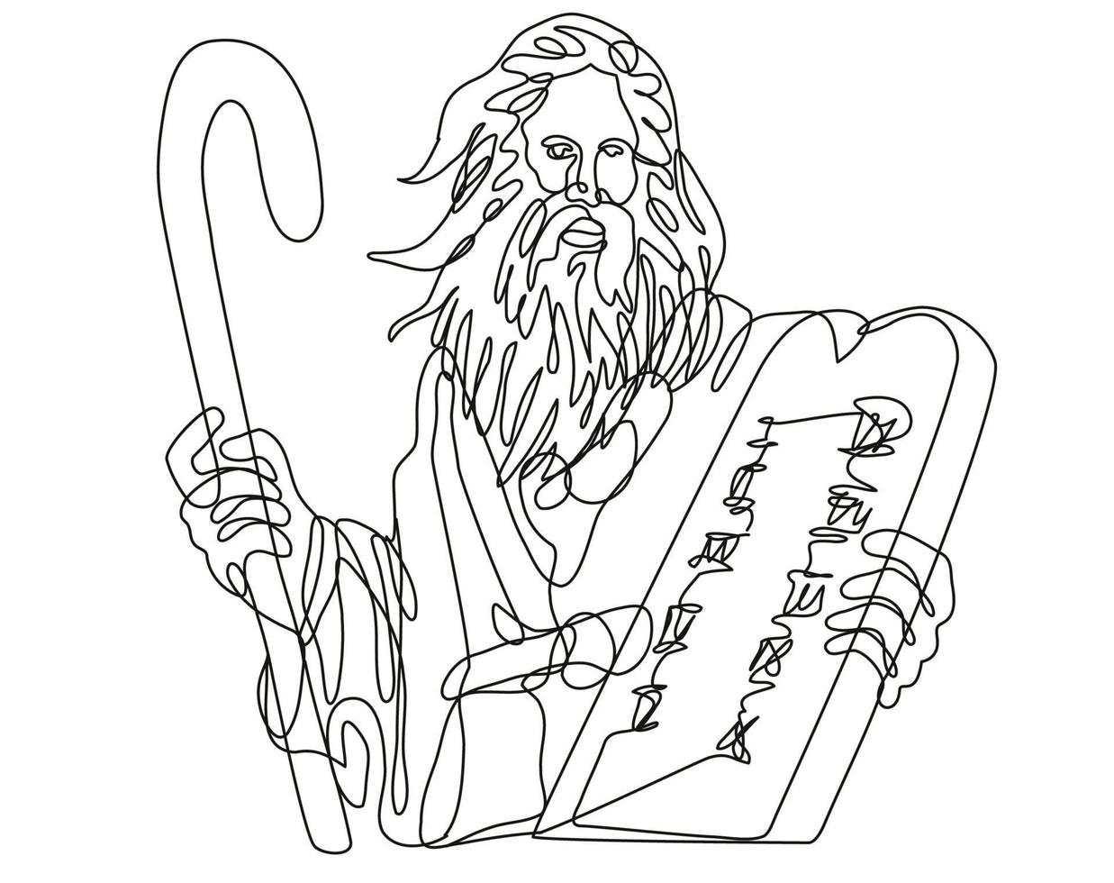 prophète Moïse avec le personnel tenant une table en pierre avec dix commandements dessin au trait continu vecteur