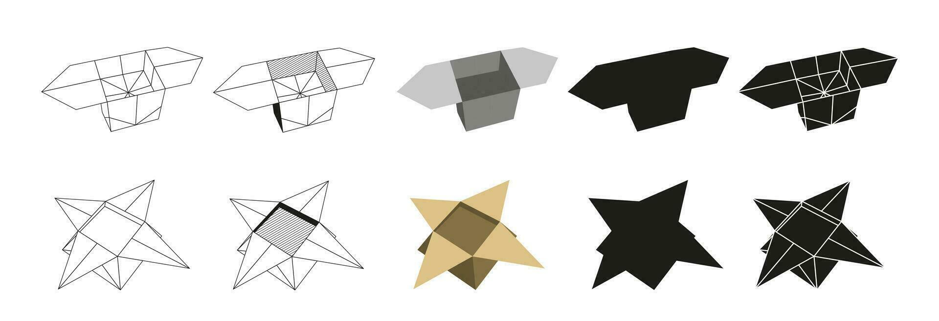 origami boîte plié papier formes. plat illustration ensemble. doubler, graphique, Couleur et noir silhouette icône vecteur