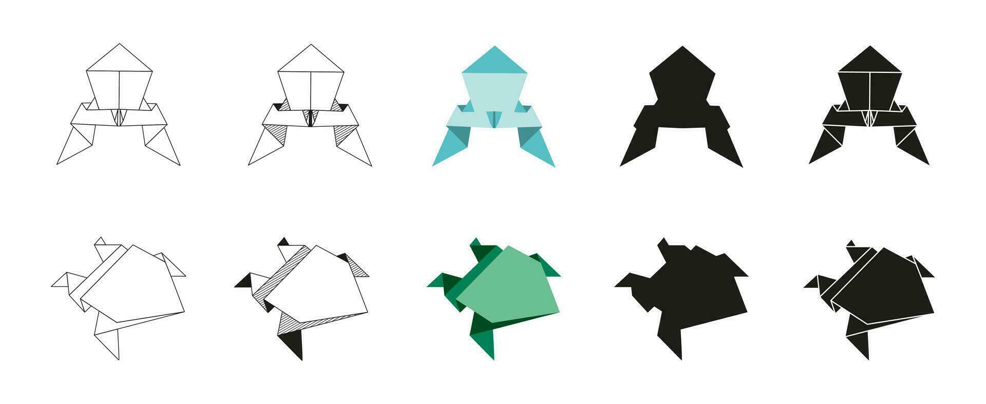 origami grenouille plié papier formes. plat illustration ensemble. doubler, graphique, Couleur et noir silhouette icône vecteur