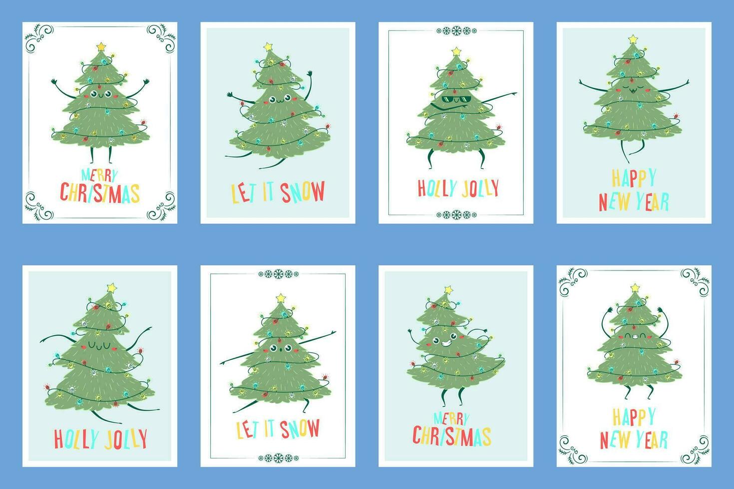 ensemble de salutation cartes kawaii griffonnage Noël arbre dansant. enfants Fait main naïve style. Facile Nouveau année personnage isolé sur blanc Contexte. content épicéa concept vecteur