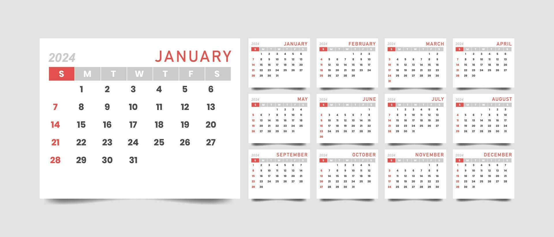 mensuel calendrier modèle pour 2024 année avec minimaliste style vecteur