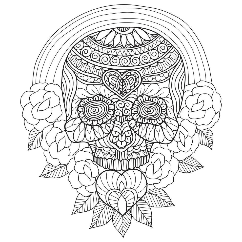 crâne et coeur dessinés à la main pour un livre de coloriage pour adultes vecteur