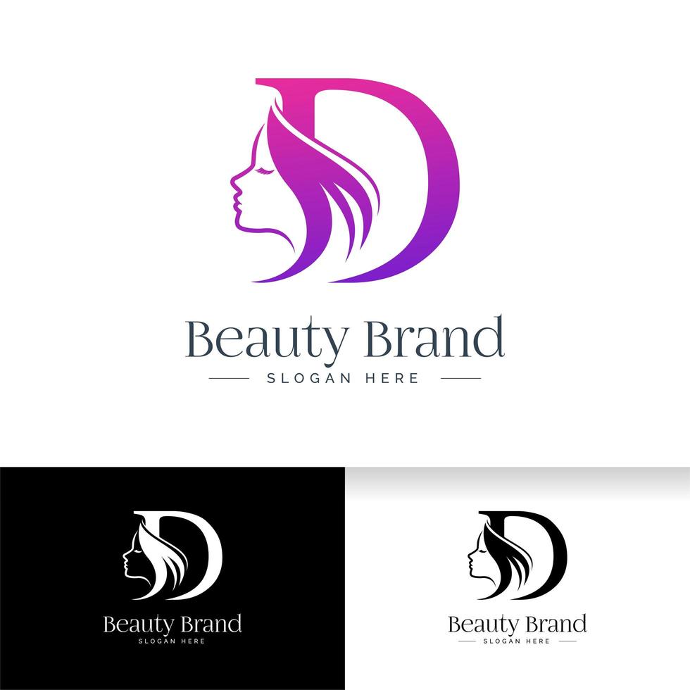 création de logo de beauté lettre d. silhouette de visage de femme vecteur