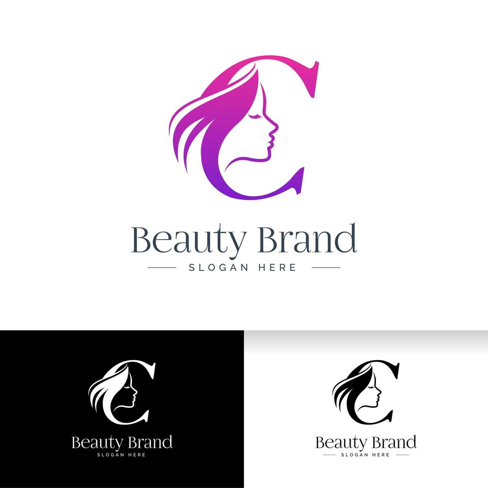 création de logo de beauté lettre c. silhouette de visage de femme vecteur