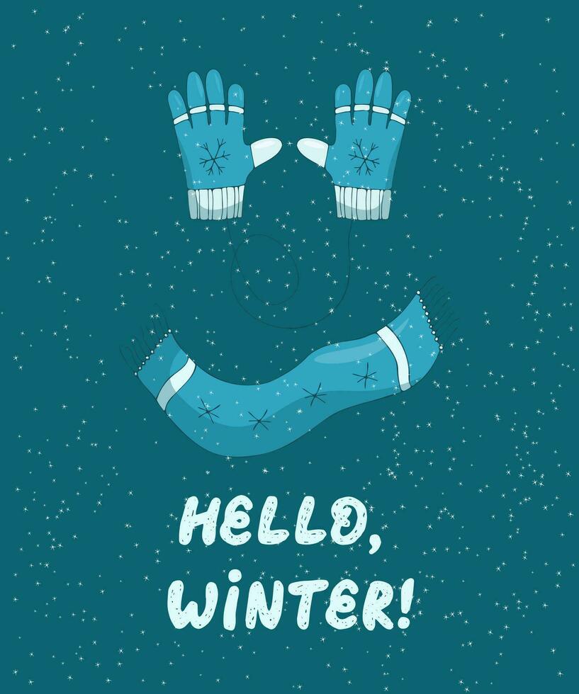 main tiré illustration avec hiver gants et écharpe en disant Bonjour, l'hiver. vecteur illustration pour cartes postales, affiches et autre