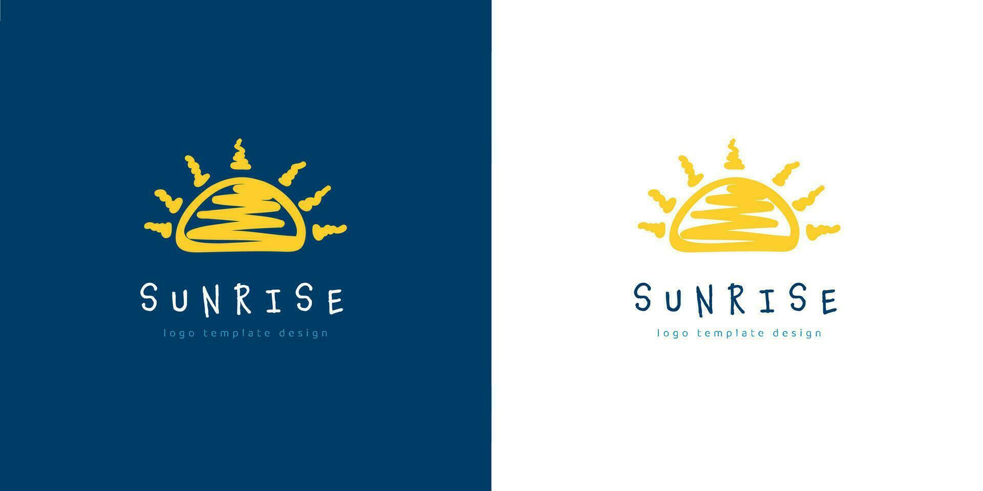 main tiré vecteur griffonnage lever du soleil Soleil logo icône sur bleu et blanc Contexte