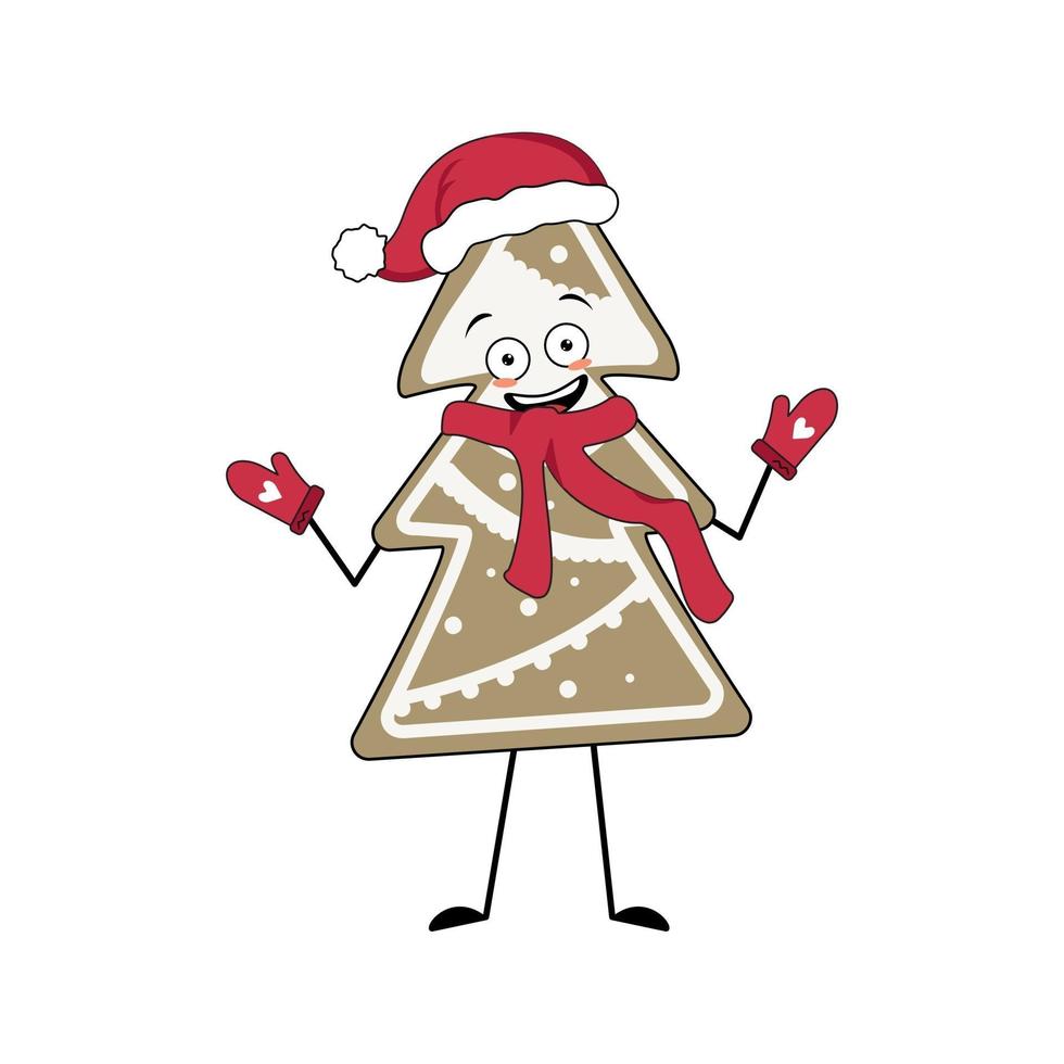 personnage mignon de biscuit de pain d'épice sous la forme d'un joyeux sapin de Noël avec des émotions, un sourire, des bras et des jambes. Bonne année des bonbons dans un bonnet de Noel rouge, une écharpe et des mitaines. décoration festive vecteur