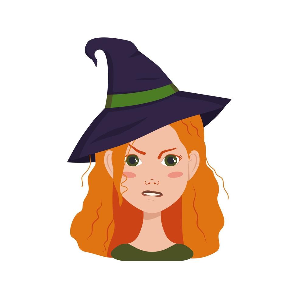 avatar d'une femme aux cheveux roux bouclés, aux émotions en colère, au visage furieux et aux lèvres pincées, portant un chapeau de sorcière. fille avec des taches de rousseur dans un costume pour halloween vecteur