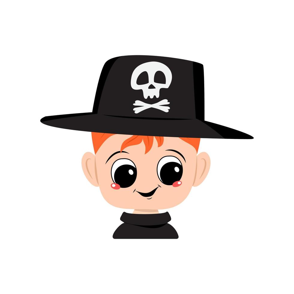 avatar d'un garçon aux cheveux roux, de grands yeux et un large sourire heureux portant un chapeau avec un crâne. la tête d'un enfant au visage joyeux. décoration de fête d'halloween vecteur