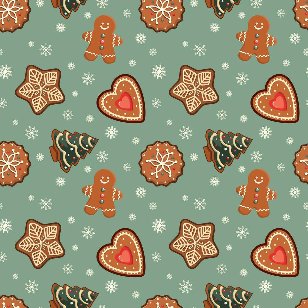 Noël pain d'épice biscuits sans couture modèle sur vert Contexte. hiver vacances boulangerie vecteur hiver saison modèle. joyeux Noël et Nouveau année conception