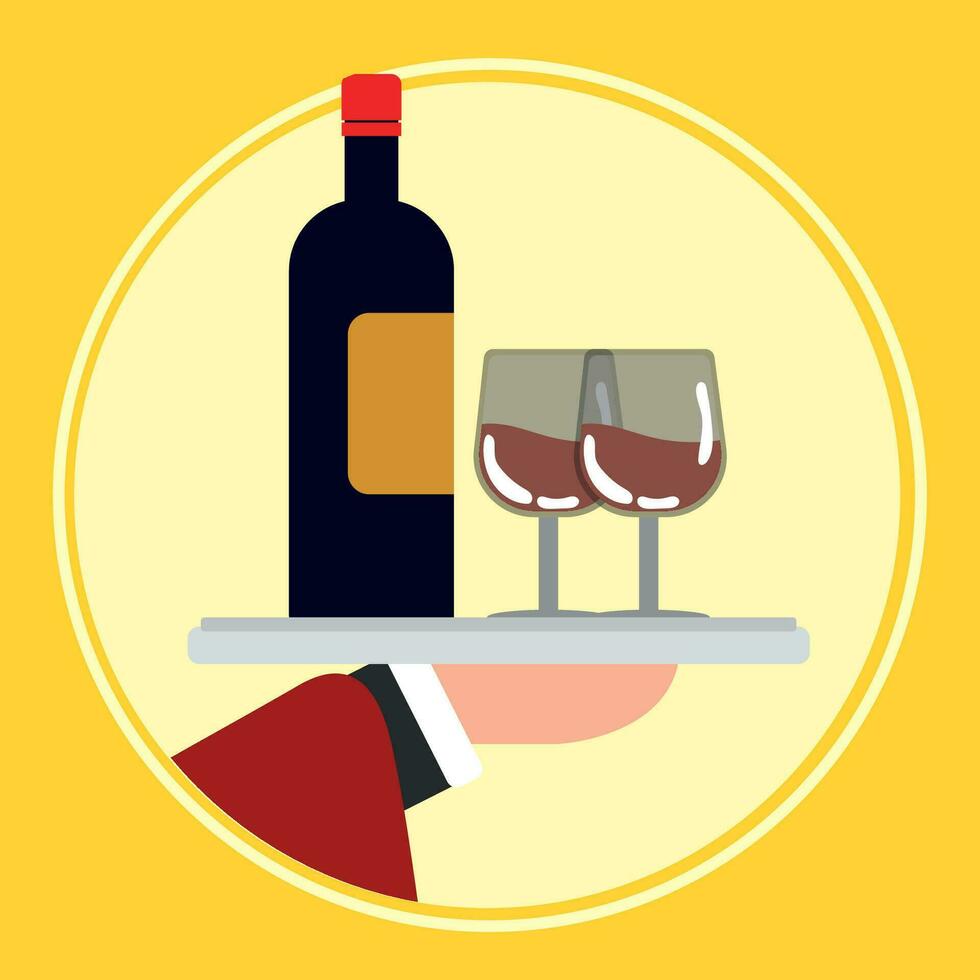 serveur main en portant du vin des lunettes et bouteille vecteur illustration