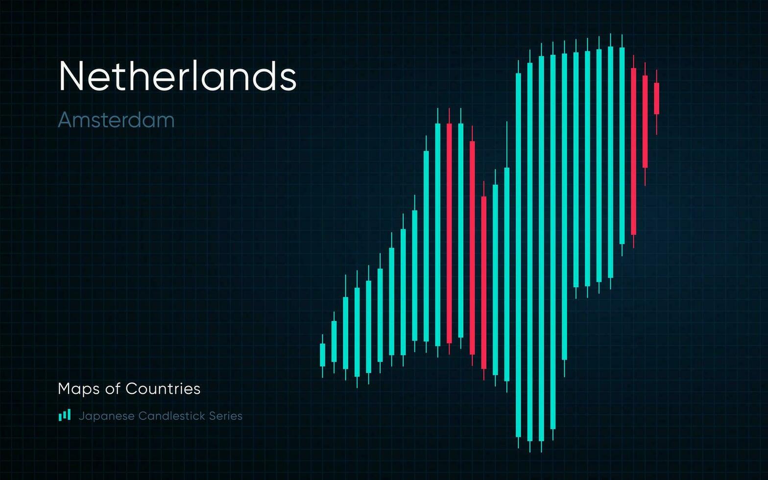 Pays-Bas carte est montré dans une graphique avec bars et lignes. Japonais chandelier graphique séries vecteur