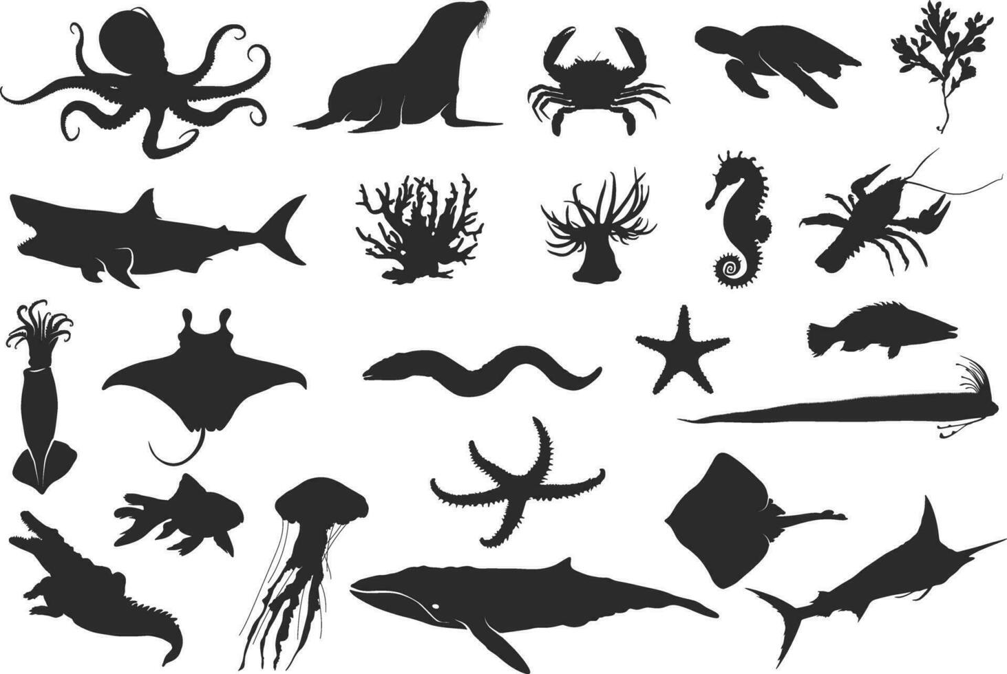 mer animal silhouette, océan animal silhouette, animal vecteur clipart, mer la vie silhouette.