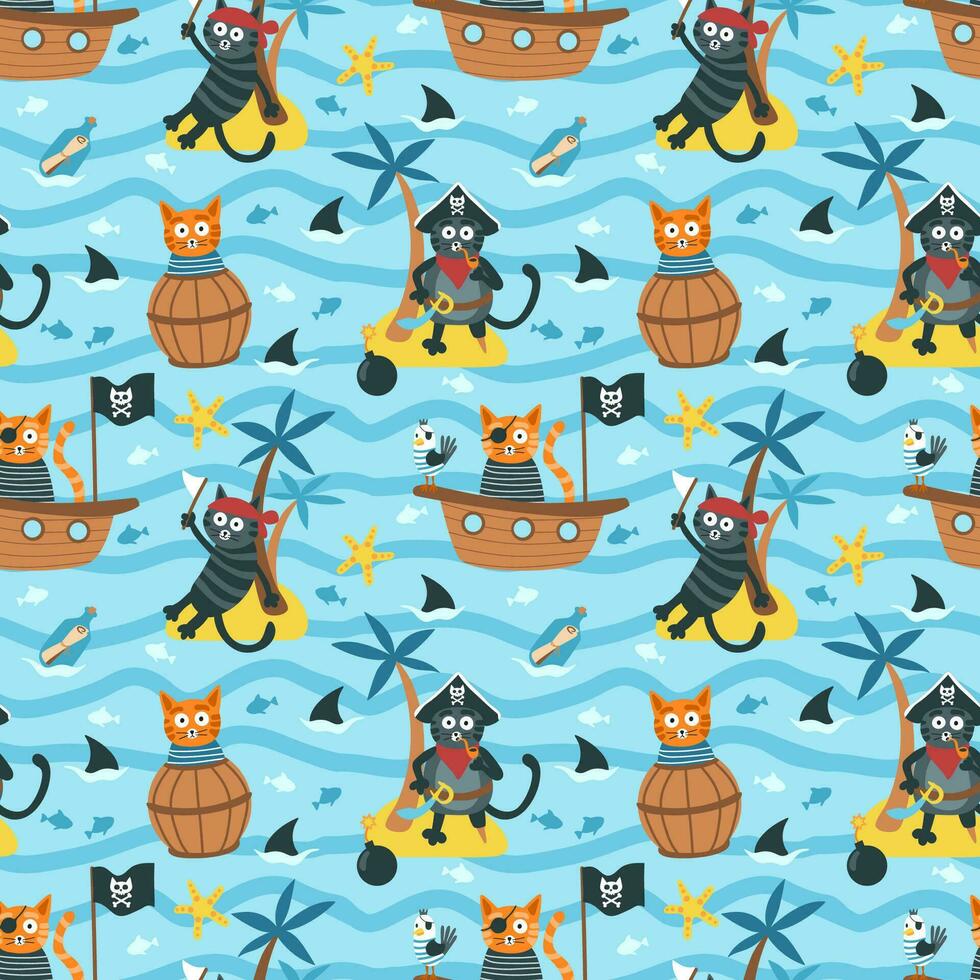 chats sont pirates. marrant chats dans le mer. sans couture modèle. vecteur illustration