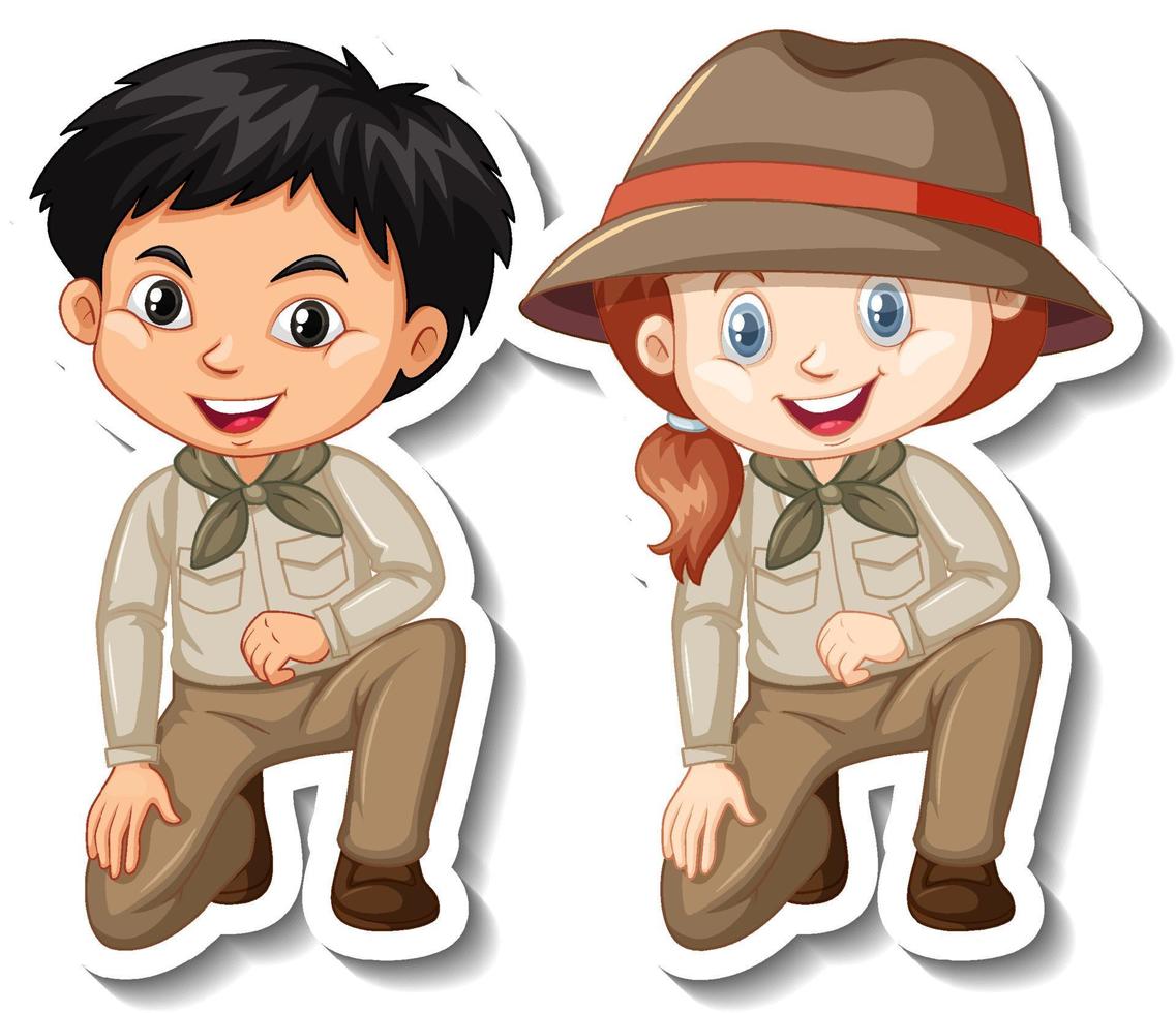 autocollant de personnage de dessin animé de couple d'enfants en tenue de safari vecteur