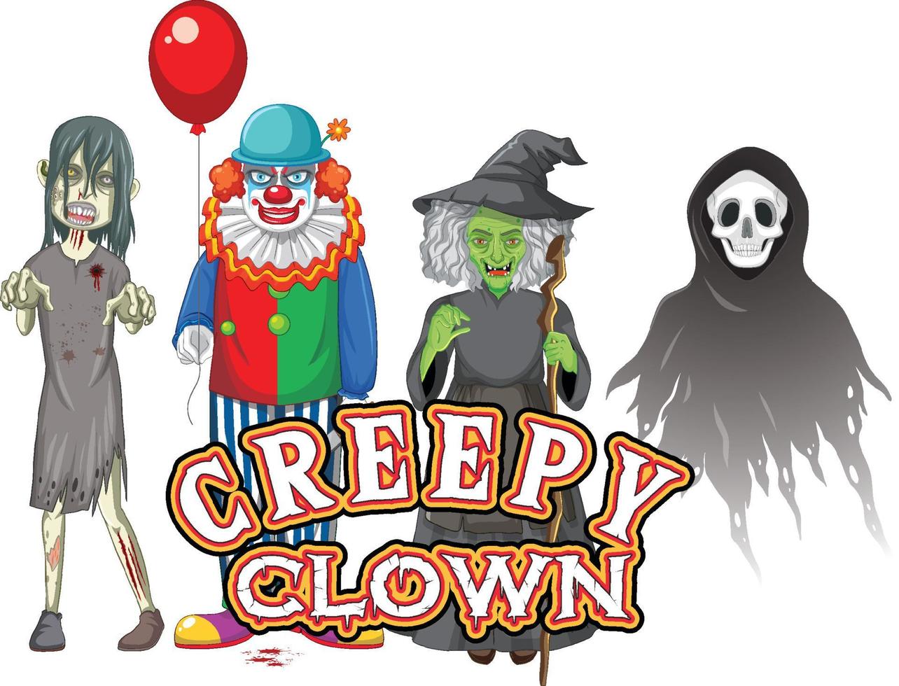 conception de texte de clown effrayant avec des personnages fantômes d'halloween vecteur