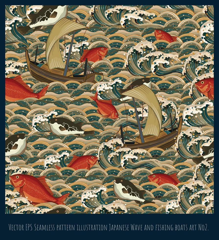 modèle sans couture vague japonaise et bateaux de pêche art no2 vecteur