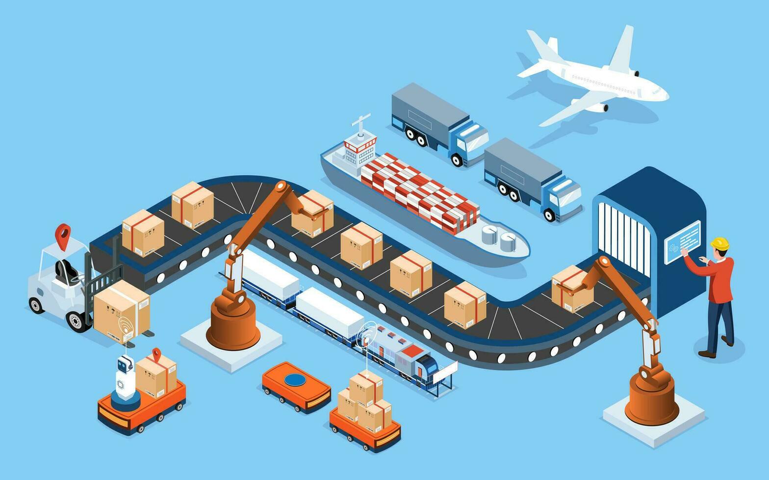 3d isométrique global logistique réseau concept avec transport opération service, la fourniture chaîne la gestion - scm, entreprise logistique processus. vecteur illustration eps dix