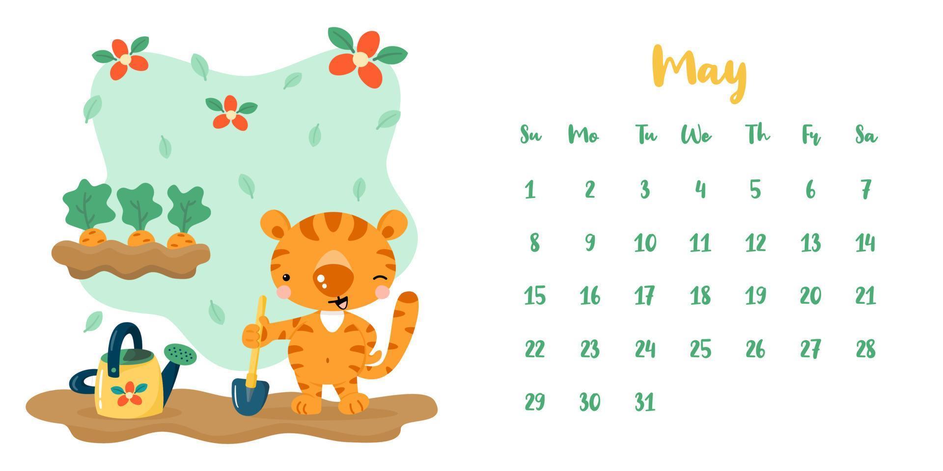 calendrier pour mai 2022 avec un tigre de dessin animé mignon dans le jardin vecteur