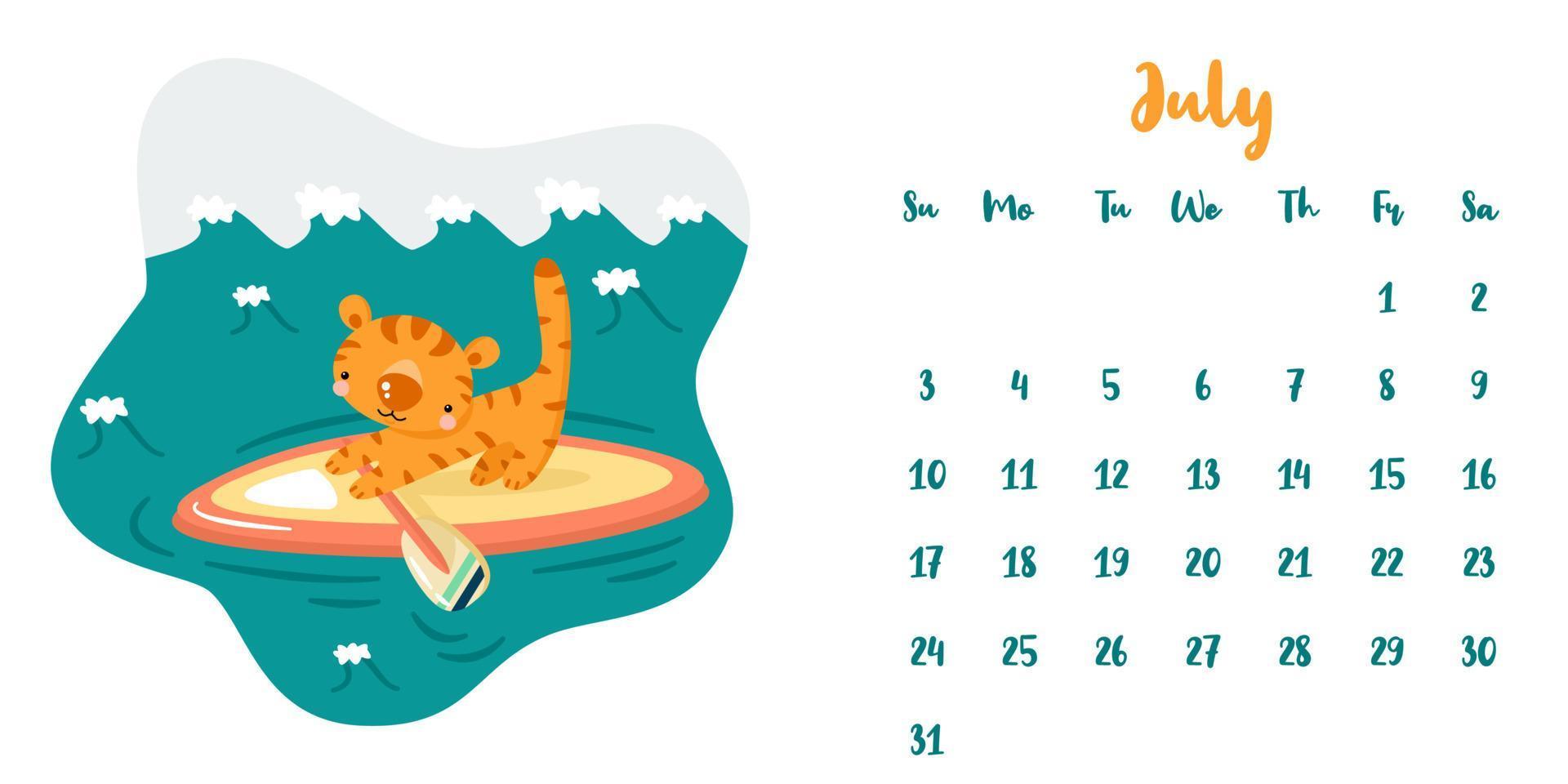 calendrier pour juillet 2022 avec tigre surfeur de dessin animé mignon vecteur