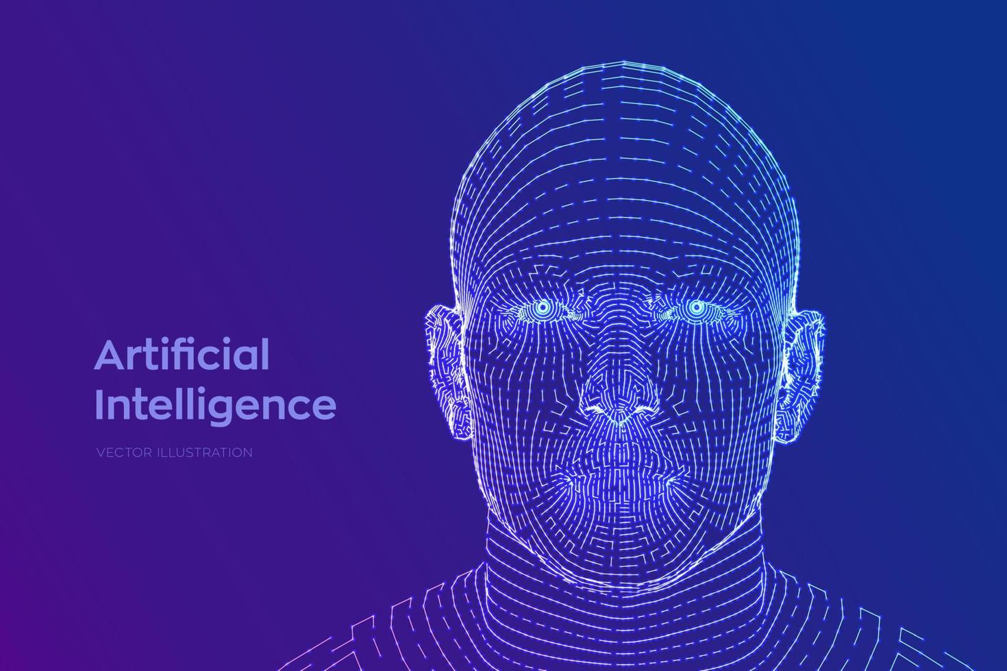 ai. concept d'intelligence artificielle. cerveau numérique ai. visage humain numérique abstrait. tête humaine dans l'interprétation de l'ordinateur numérique du robot. notion de robotique. concept de tête filaire. illustration vectorielle. vecteur