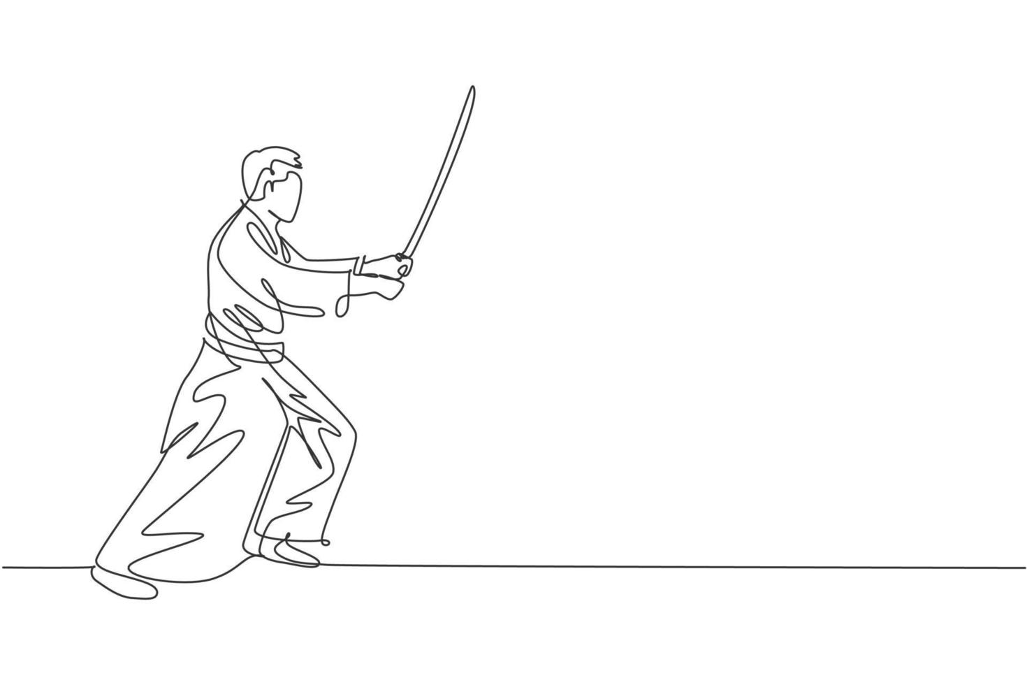 dessin au trait continu unique d'un jeune homme sportif portant un kimono pratique la technique de combat d'aïkido avec une épée en bois. concept d'art martial japonais. illustration vectorielle de conception de dessin à la mode une ligne vecteur