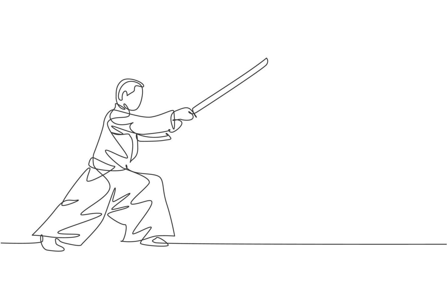 un seul dessin au trait d'un jeune homme énergique portant une technique d'aïkido d'exercice de kimono avec une épée en bois dans une illustration vectorielle de salle de sport. concept de sport de mode de vie de santé. conception de dessin en ligne continue vecteur