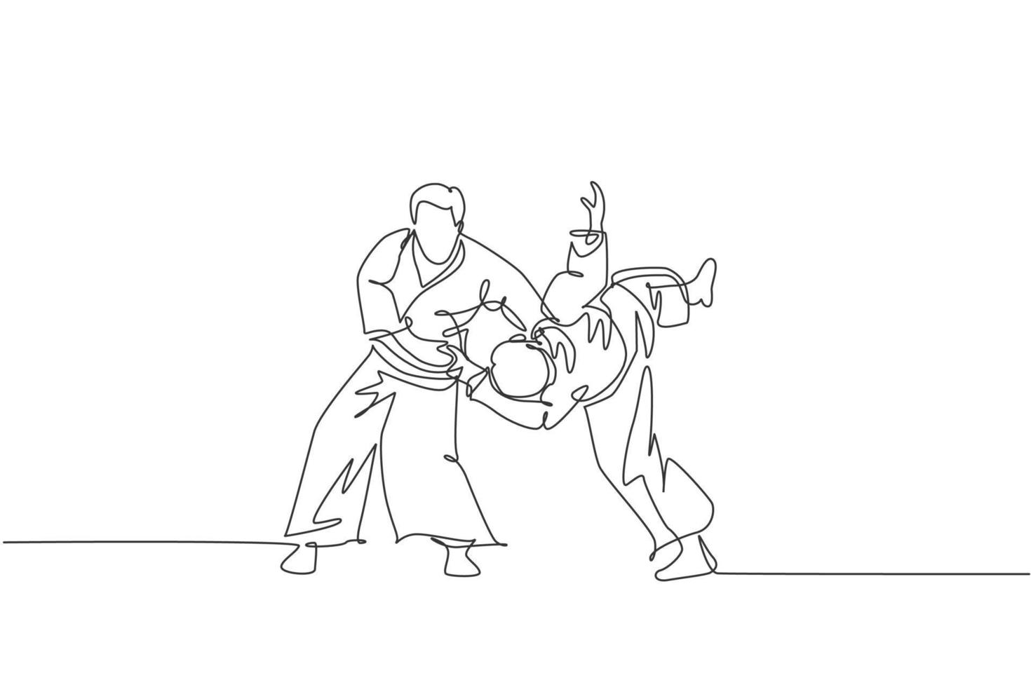 un dessin au trait continu jeune homme combattant d'aïkido pratique un tour de combat au centre d'entraînement du dojo. concept de sport de combat d'arts martiaux. illustration vectorielle de dessin graphique à une seule ligne dynamique vecteur