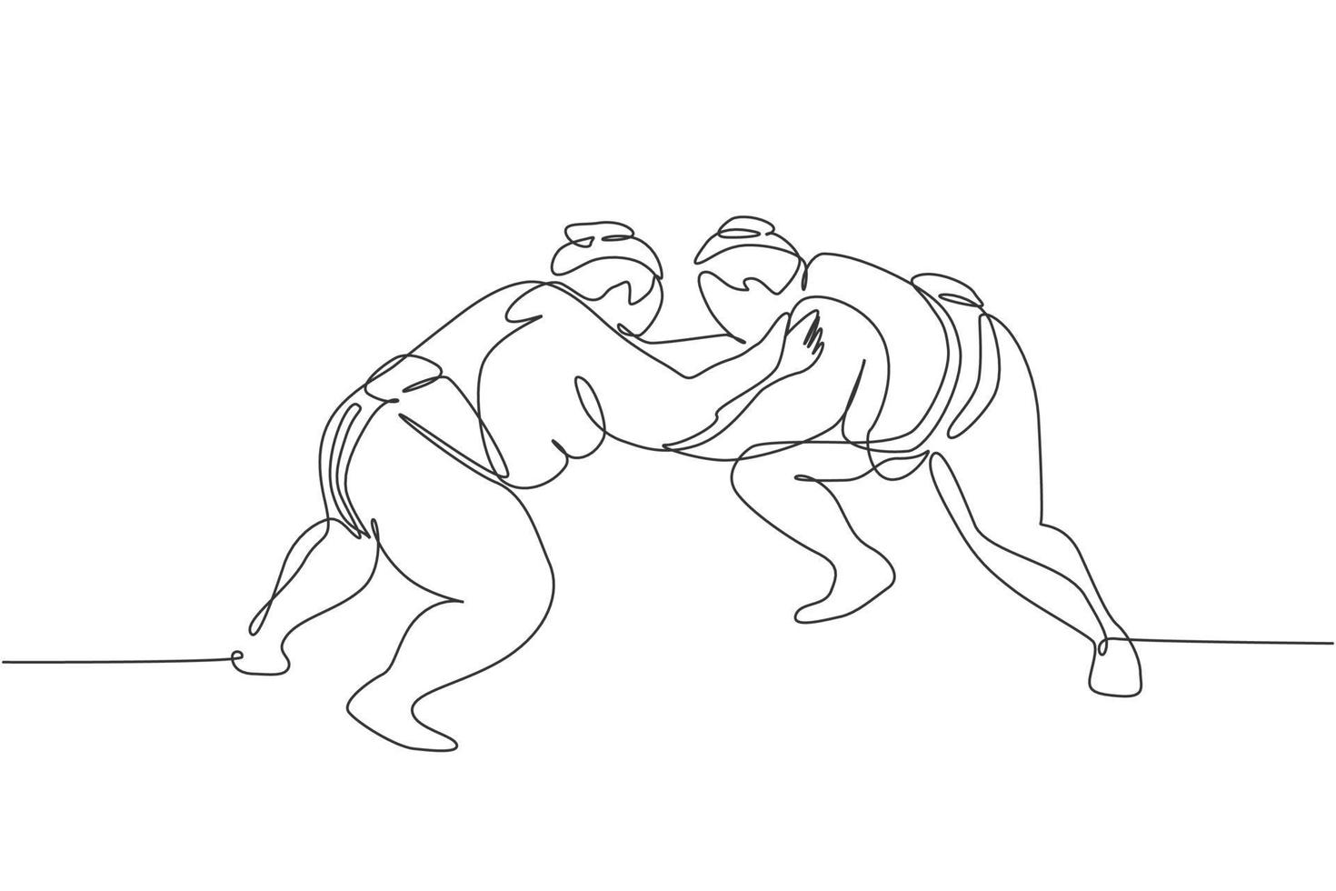 Une seule ligne continue dessinant deux jeunes gros hommes de sumo japonais qui s'entraînent au combat au centre de gym de l'arène. concept d'art martial de festival traditionnel. Une ligne à la mode dessiner illustration vectorielle design graphique vecteur