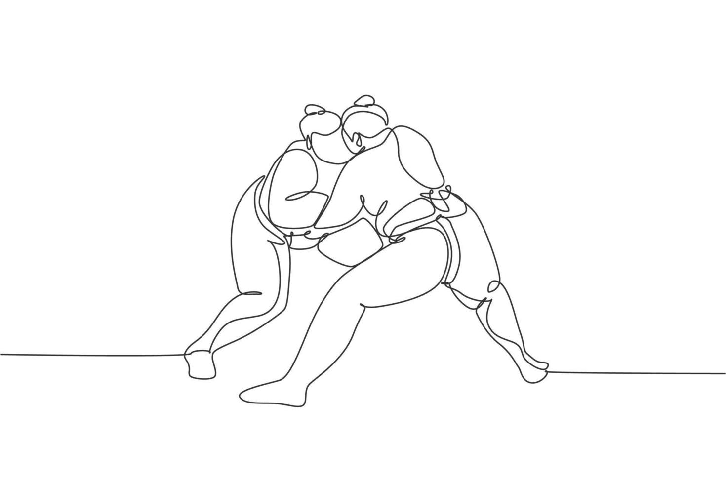 un dessin au trait unique de deux jeunes hommes sumo japonais en surpoids combattant à l'illustration vectorielle de compétition d'arène. concept de sport de combat traditionnel rikishi. conception de dessin de ligne continue moderne vecteur