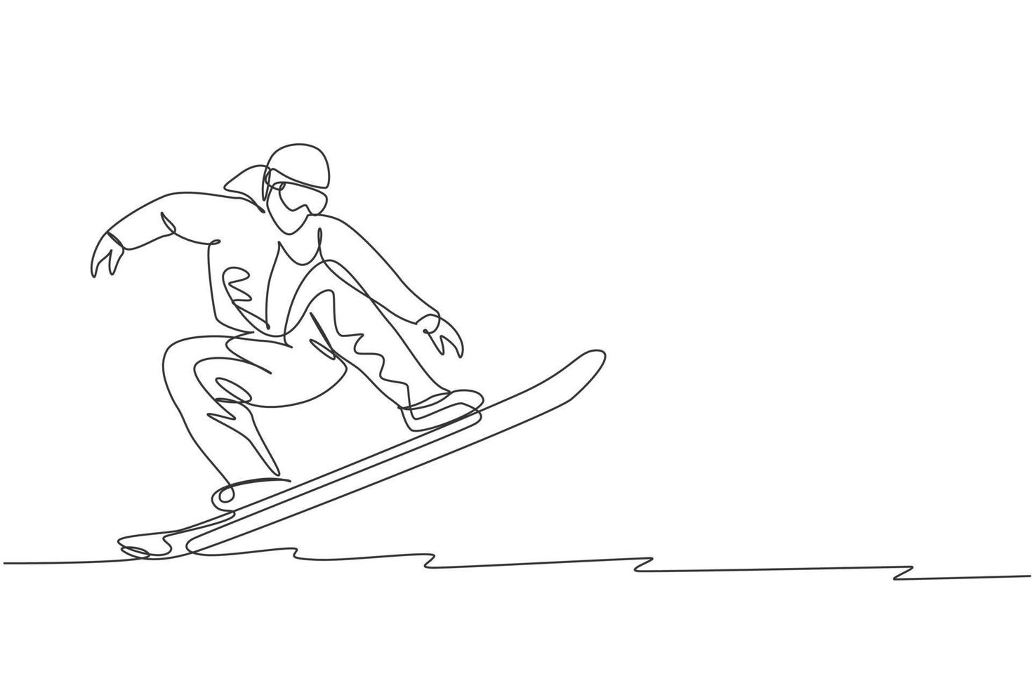 un seul dessin au trait jeune homme de snowboarder énergique monte un snowboard rapide à l'illustration vectorielle graphique de la montagne enneigée. concept de sport de style de vie de vacances touristiques. conception de dessin de ligne continue moderne vecteur