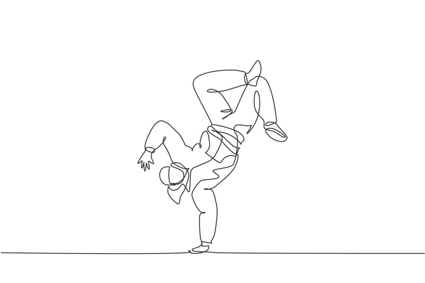 un seul dessin au trait d'un jeune danseur de rue moderne avec un sweat à capuche effectuant une danse hip hop sur l'illustration graphique vectorielle de la scène. concept de mode de vie de génération urbaine. conception de dessin en ligne continue vecteur