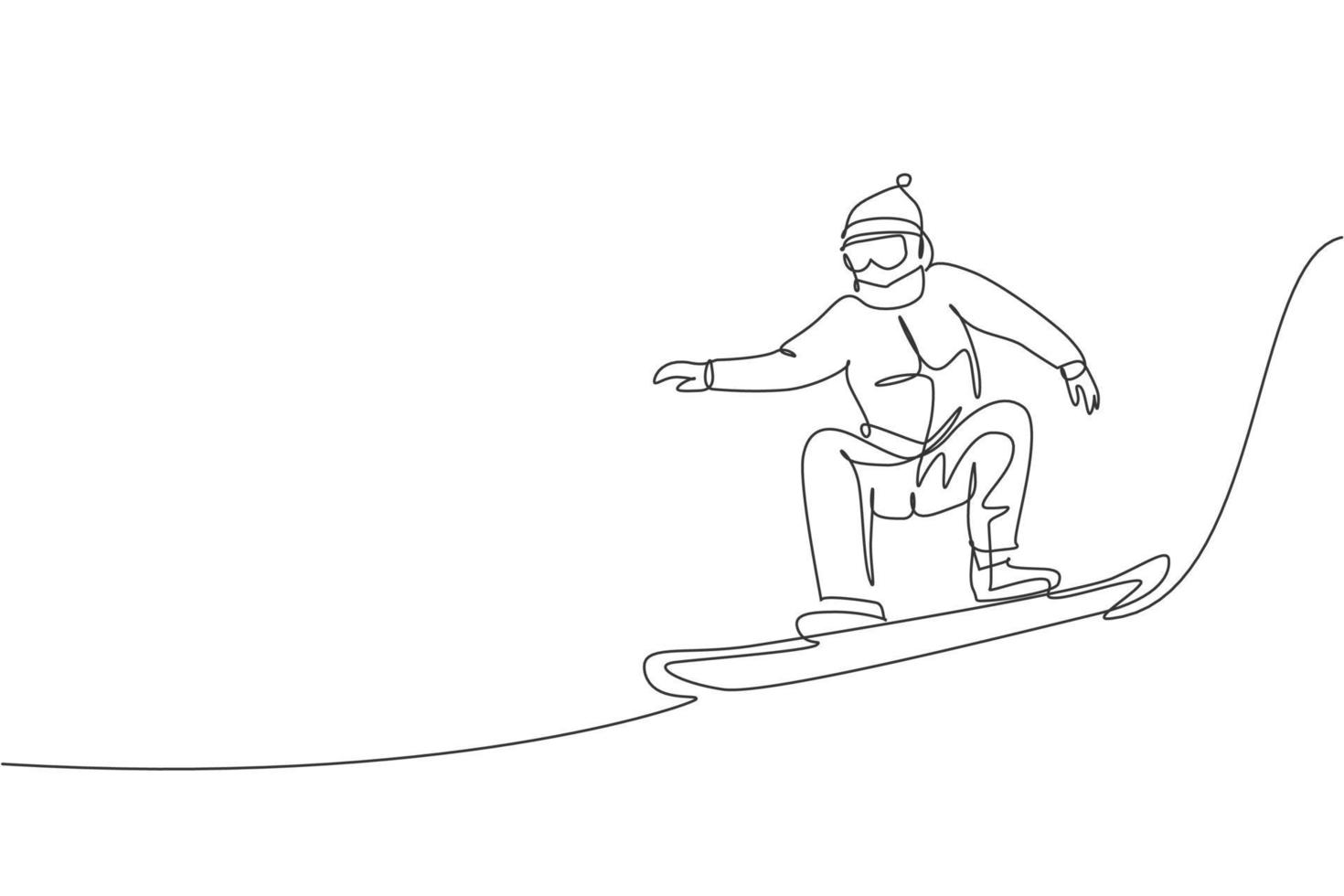 dessin au trait continu unique d'un jeune homme de snowboarder sportif sautant en snowboard à la montagne. sport extrême en plein air. concept de vacances d'hiver. illustration vectorielle de conception de dessin à la mode une ligne vecteur