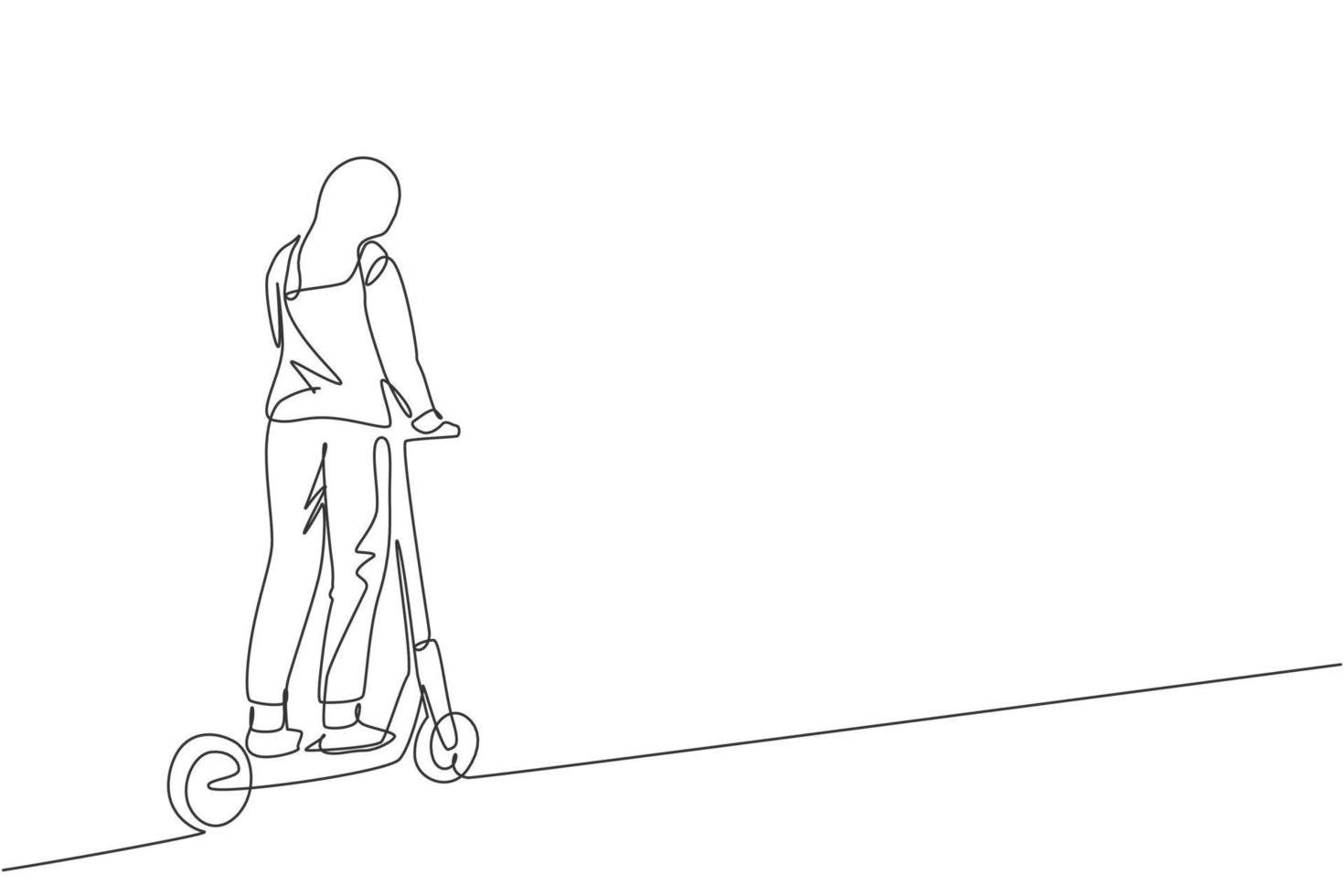 dessin au trait continu unique d'une jeune femme heureuse faisant du scooter électrique dans un espace public. transport respectueux de l'environnement. concept de mode de vie urbain. illustration vectorielle de conception de dessin à la mode une ligne vecteur