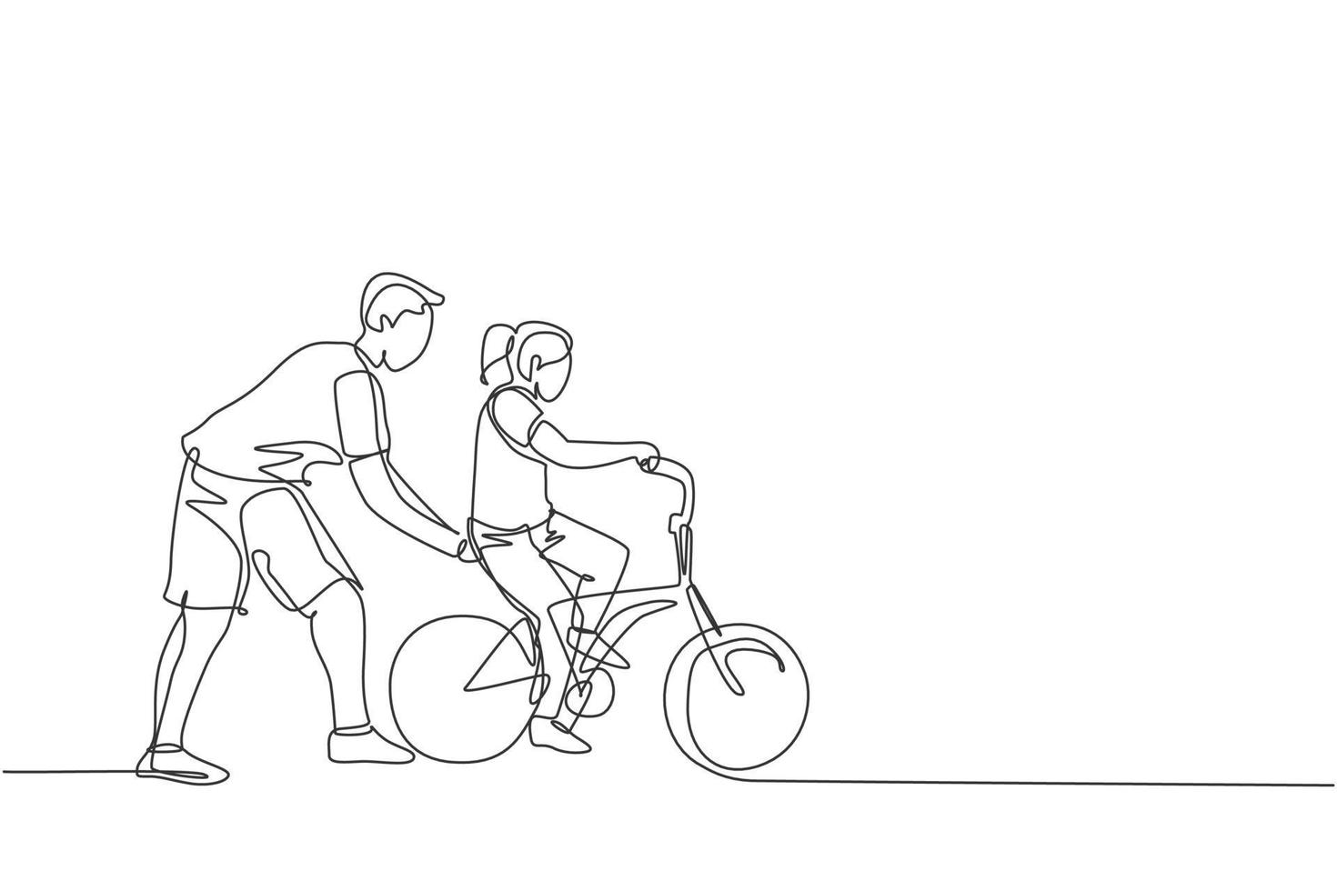 dessin au trait continu unique d'une jeune fille apprenant à faire du vélo avec son père dans un parc extérieur. leçon de parentalité. concept de temps en famille. Une ligne à la mode dessiner illustration vectorielle de conception graphique vecteur