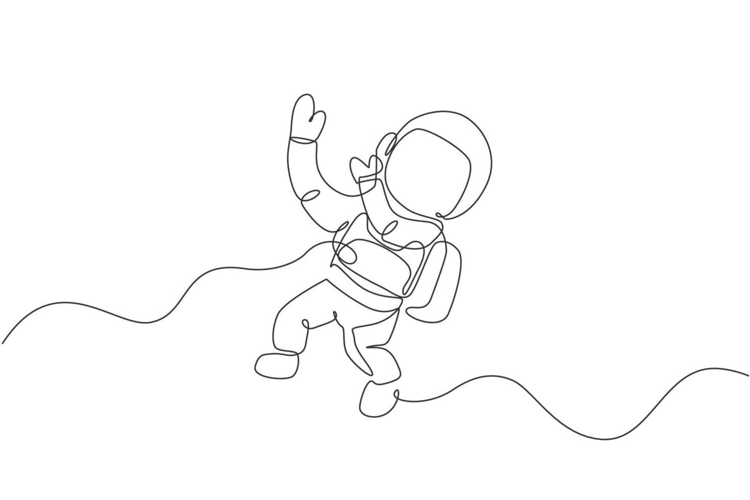 dessin au trait continu unique d'un jeune scientifique cosmonaute découvrant l'univers de la sortie dans l'espace dans un style vintage. concept de voyageur cosmique astronaute. Une ligne à la mode dessiner illustration vectorielle de conception graphique vecteur