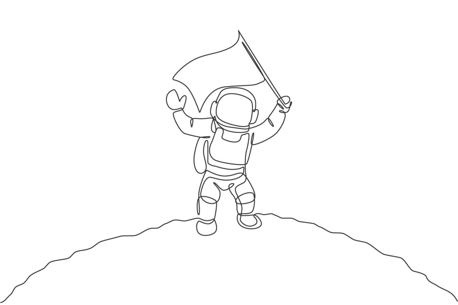 Astronaute scientifique de dessin au trait continu unique sur la surface de la lune agitant un drapeau pour célébrer l'atterrissage. exploration de l'espace lointain fantastique, concept de fiction. Une ligne dessiner illustration vectorielle design graphique vecteur