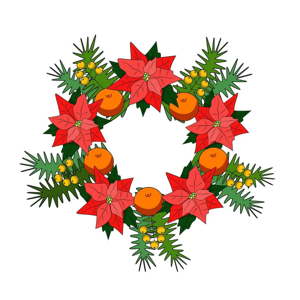 Couleur vecteur illustration de une Nouveau années couronne. Noël étoile, épicéa branches, mandarines et baies.