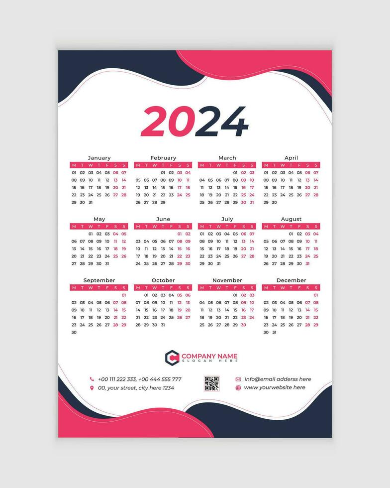 mur calendrier 2024 avec vacances, impression prêt, gratuit vecteur