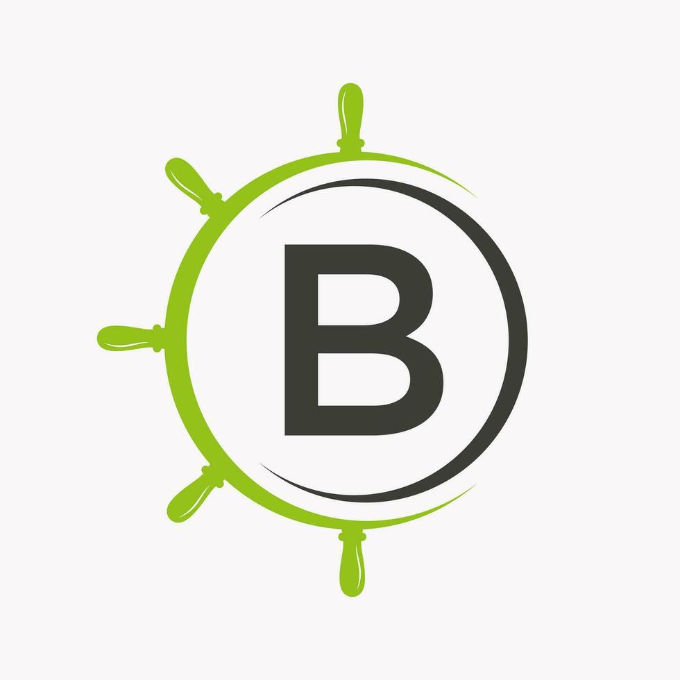 lettre b navire logo concept avec navire roue symbole vecteur modèle