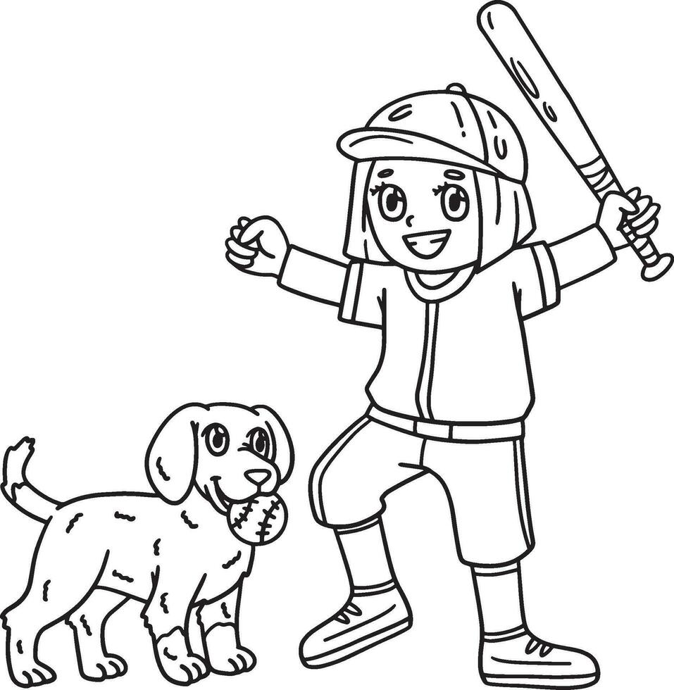 fille en jouant base-ball avec une chien isolé coloration vecteur
